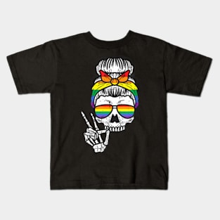 Gay Pride Messy Bun Skull  Flag Lgbt Women Girls Kids Kids T-Shirt